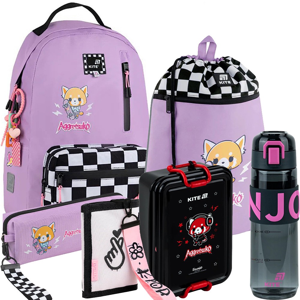 Шкільний набір Kite Education Aggretsuko Рюкзак + Пенал + Ланчбокс + Пляшка + Сумка для взуття + Гаманець